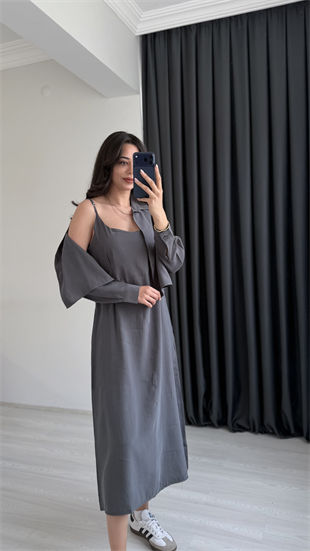Reva Tensel Kumaş Gömlekli Elbise Takım Antrasit