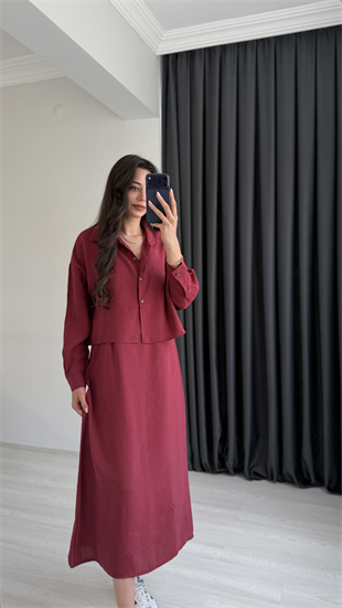 Reva Tensel Kumaş Gömlekli Elbise Takım Bordo