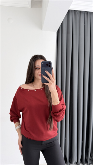 Rosa Oysh Kuşgözü Detaylı Kayık Yaka Bluz Bordo