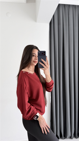 Rosa Oysh Kuşgözü Detaylı Kayık Yaka Bluz Bordo