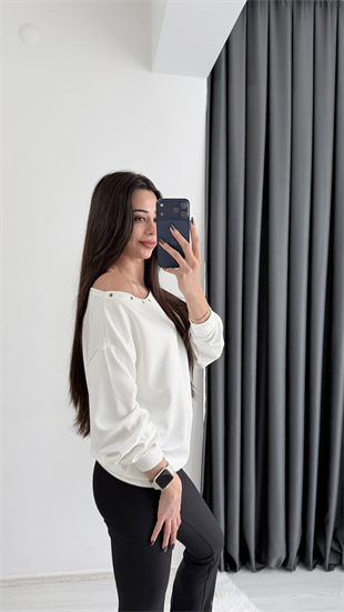 Rosa Oysh Kuşgözü Detaylı Kayık Yaka Bluz Beyaz