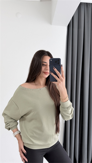 Rosa Oysh Kuşgözü Detaylı Kayık Yaka Bluz Yeşil