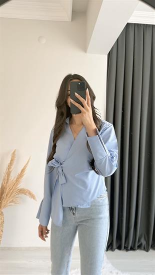 Ruffle Mavi Kruvaze Bağlamalı Gömlek
