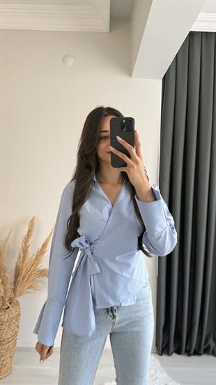 Ruffle Mavi Kruvaze Bağlamalı Gömlek