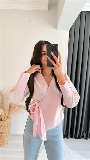 Ruffle Pembe Kruvaze Bağlamalı Gömlek