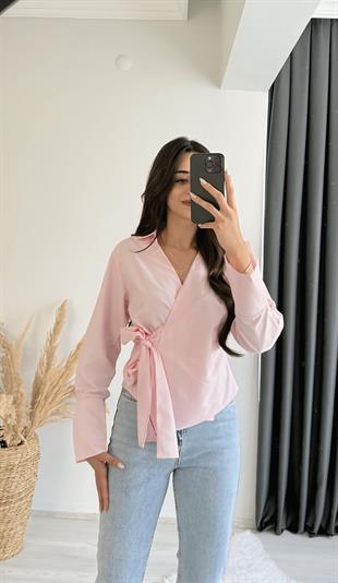 Ruffle Pembe Kruvaze Bağlamalı Gömlek