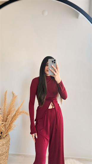Ruth Bordo Büzgülü Bluz Ve Pantalon Takım