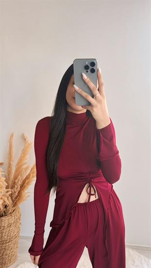 Ruth Bordo Büzgülü Bluz Ve Pantalon Takım