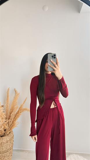 Ruth Bordo Büzgülü Bluz Ve Pantalon Takım