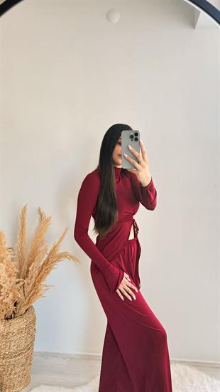 Ruth Bordo Büzgülü Bluz Ve Pantalon Takım