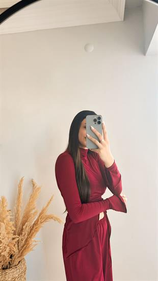 Ruth Bordo Büzgülü Bluz Ve Pantalon Takım