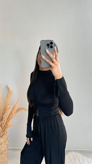 Ruth Siyah Büzgülü Bluz Ve Pantalon Takım