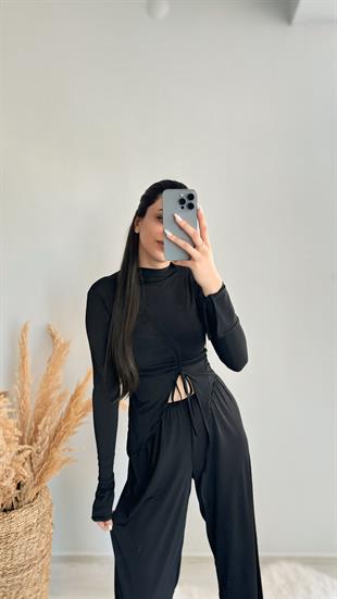Ruth Siyah Büzgülü Bluz Ve Pantalon Takım