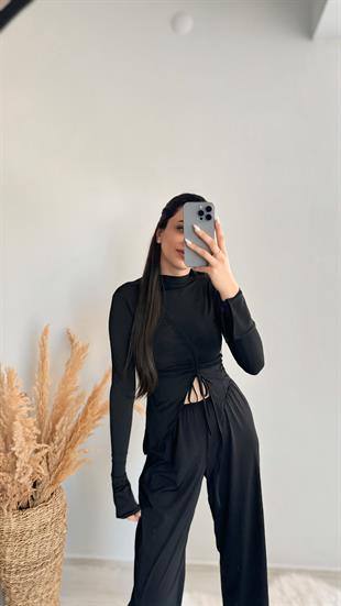 Ruth Siyah Büzgülü Bluz Ve Pantalon Takım