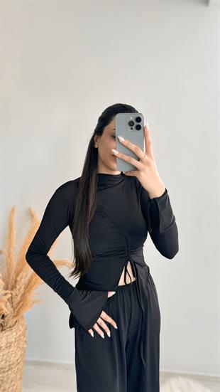 Ruth Siyah Büzgülü Bluz Ve Pantalon Takım