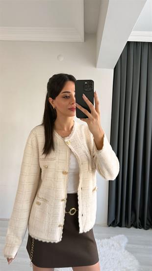 Sammy Premium Gold Geçişli Triko Hırka Ceket Krem