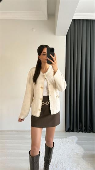 Sammy Premium Gold Geçişli Triko Hırka Ceket Krem