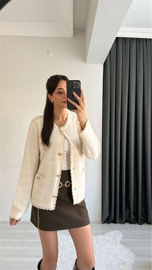 Sammy Premium Gold Geçişli Triko Hırka Ceket Krem