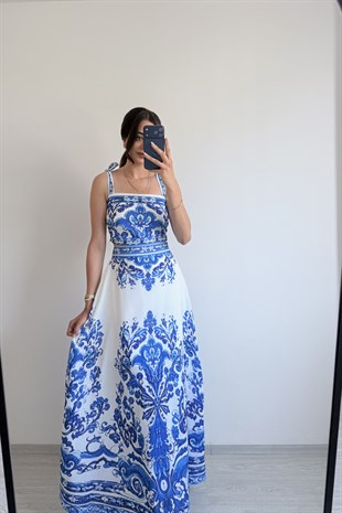 Sara Desenli Mavi Etek Bluz İkili Takım