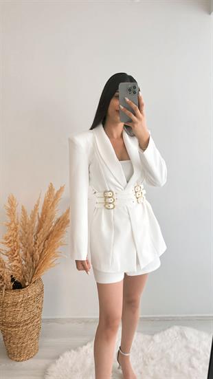 Tasarım Tokalı Blazer Ceket Beyaz