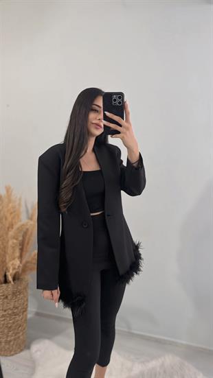 Tasarım Tüylü Tek Düğmeli Blazer Ceket Siyah