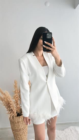 Tasarım Tüylü Tek Düğmeli Blazer Ceket Beyaz