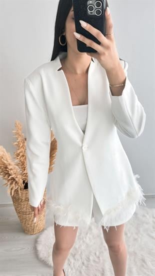Tasarım Tüylü Tek Düğmeli Blazer Ceket Beyaz