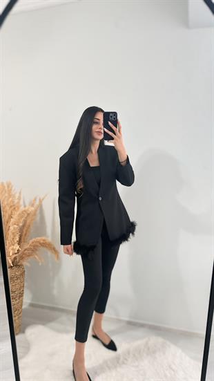 Tasarım Tüylü Tek Düğmeli Blazer Ceket Siyah