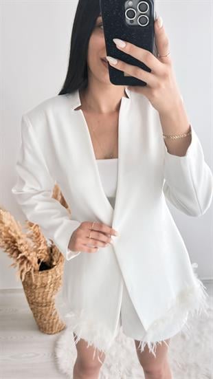 Tasarım Tüylü Tek Düğmeli Blazer Ceket Beyaz