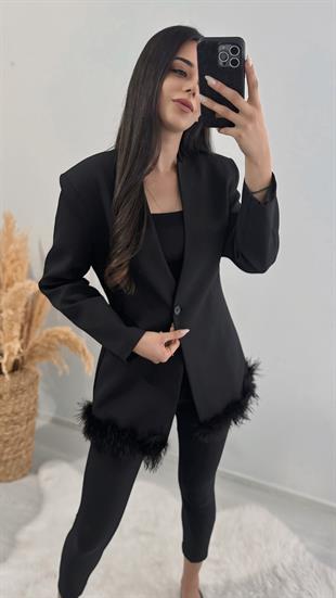 Tasarım Tüylü Tek Düğmeli Blazer Ceket Siyah