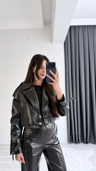 Tatiana Siyah Krokodil Dokulu Crop Ceket
