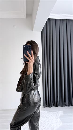 Tatiana Siyah Krokodil Dokulu Crop Ceket