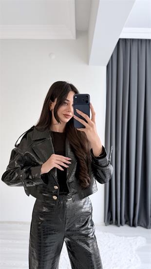 Tatiana Siyah Krokodil Dokulu Crop Ceket