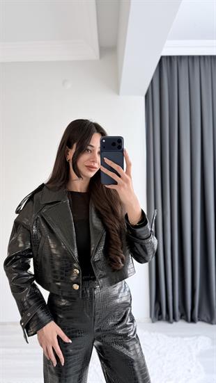 Tatiana Siyah Krokodil Dokulu Crop Ceket