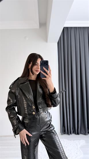 Tatiana Siyah Krokodil Dokulu Crop Ceket