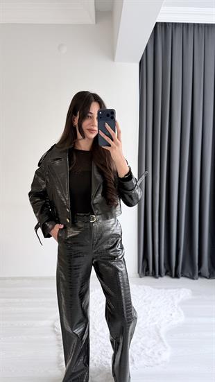 Tatiana Siyah Krokodil Dokulu Pantalon