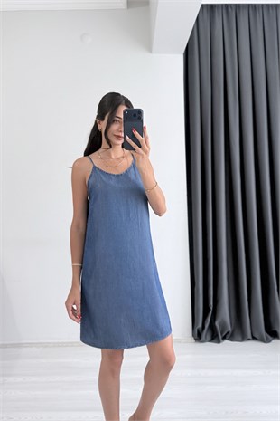 Tayna  İpek Tensel Koyu Mavi Denim Elbise