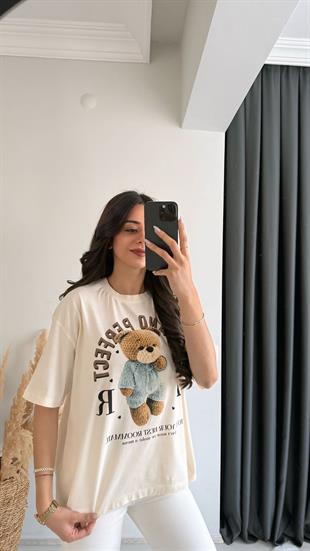 Teddy Baskılı Pamuklu  Basic Tshirt Bej