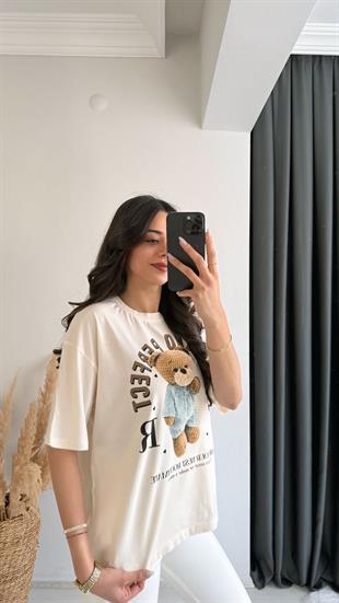 Teddy Baskılı Pamuklu  Basic Tshirt Bej