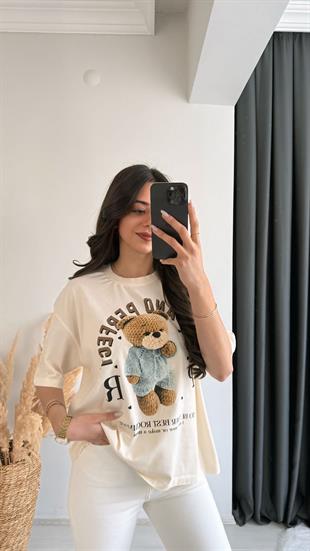 Teddy Baskılı Pamuklu  Basic Tshirt Bej