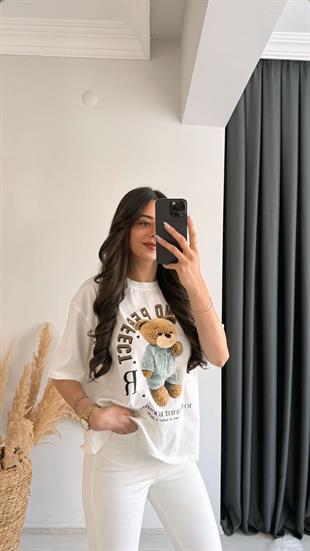 Teddy Baskılı Pamuklu  Basic Tshirt Beyaz