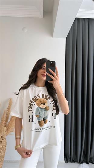 Teddy Baskılı Pamuklu  Basic Tshirt Beyaz