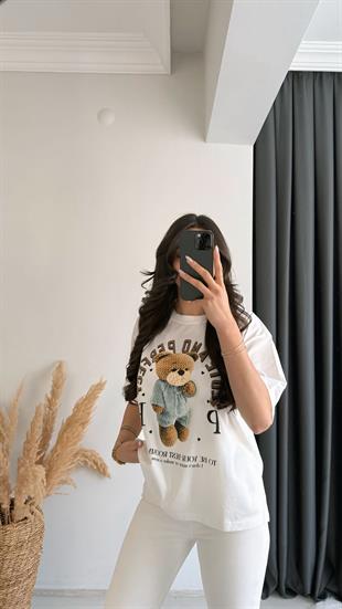 Teddy Baskılı Pamuklu  Basic Tshirt Beyaz