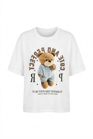 Teddy Baskılı Pamuklu  Basic Tshirt Beyaz