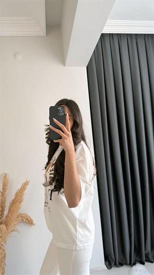 Teddy Baskılı Pamuklu  Basic Tshirt Beyaz