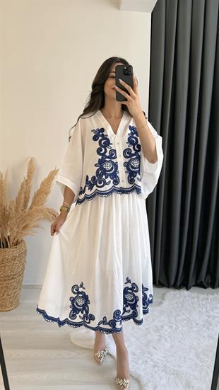 Timso Lacivert Nakışlı Beyaz Etek Bluz Takım