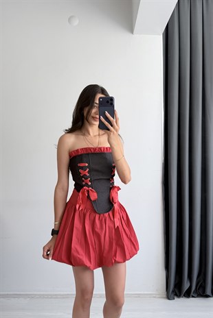 Tinky Kırmızı Büstiyer Etek Takım