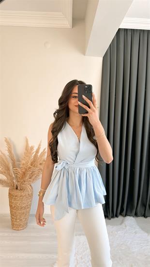 True Eteği Valonlu Beli Kuşaklı Kruvaze Poplin Bluz Mavi