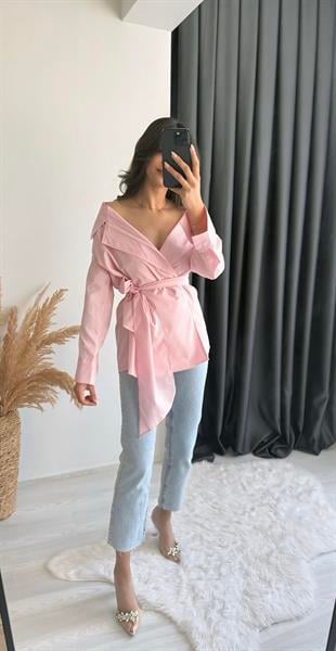 Velva Pembe Bağlamalı Tasarım Gömlek