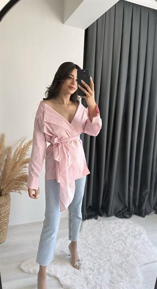 Velva Pembe Bağlamalı Tasarım Gömlek